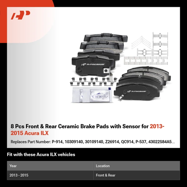 8 Pcs Front & Rear Ceramic Brake Pads with Sensor for 2013-2015 Acura ILX