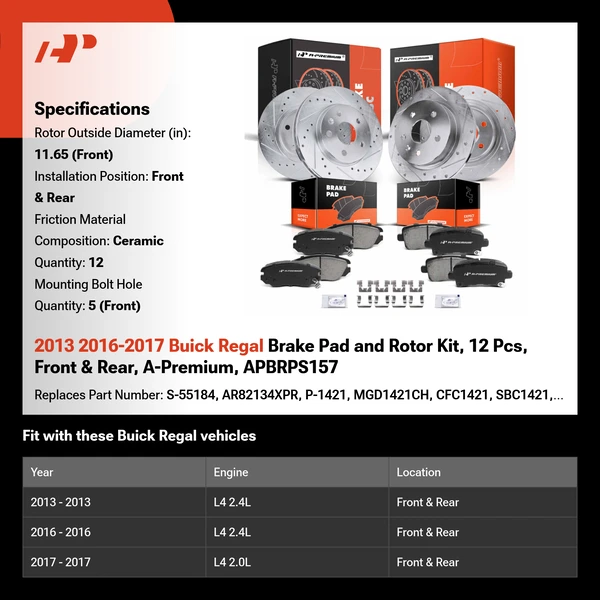 2013 2016-2017 Buick Regal Brake Pad and Rotor Kit, 12 Pcs, Front & Rear, A-Premium, APBRPS157