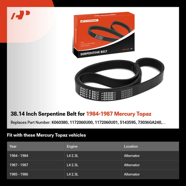 38.14 Inch Serpentine Belt for 1984-1987 Mercury Topaz