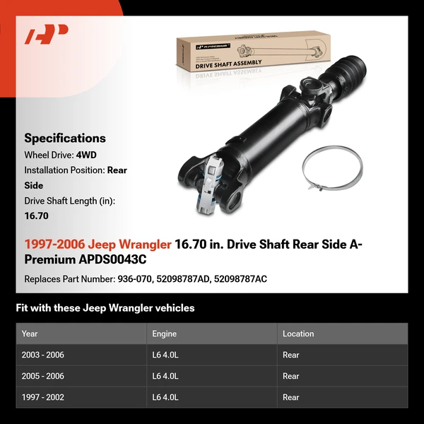 1997-2006 Jeep Wrangler 16.70 in. Drive Shaft Rear Side A-Premium APDS0043C