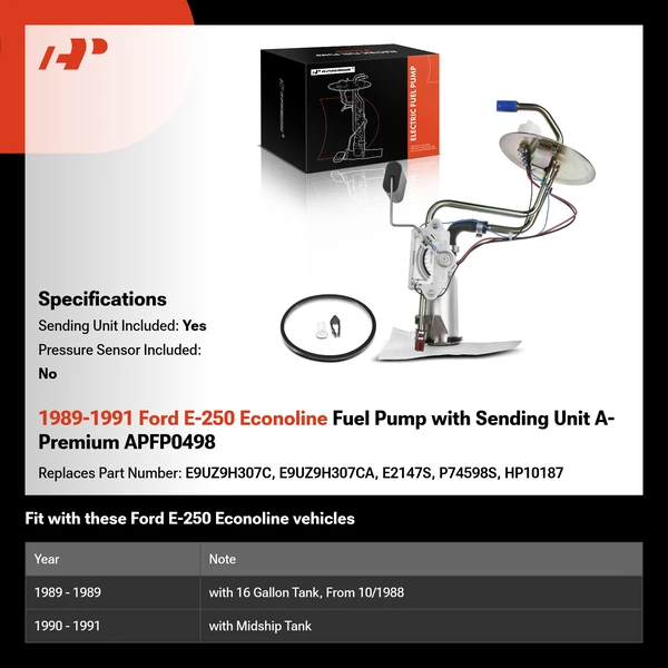 1989-1991 Ford E-250 Econoline Fuel Pump with Sending Unit A-Premium APFP0498