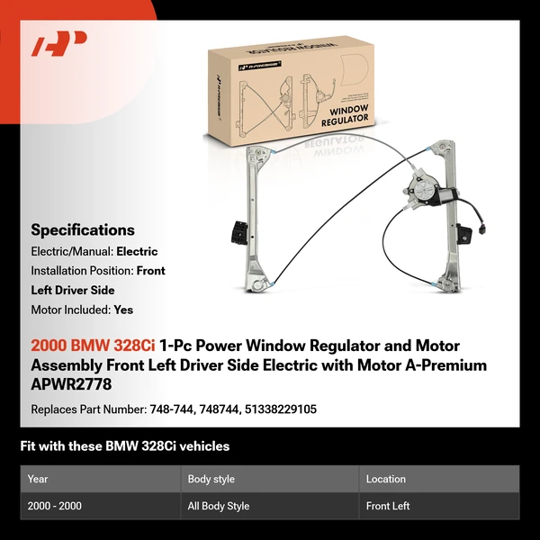 2000 BMW 328Ci 1-Pc Power Window Regulator and Motor Assembly Front Left Driver Side Electric with Motor A-Premium APWR2778