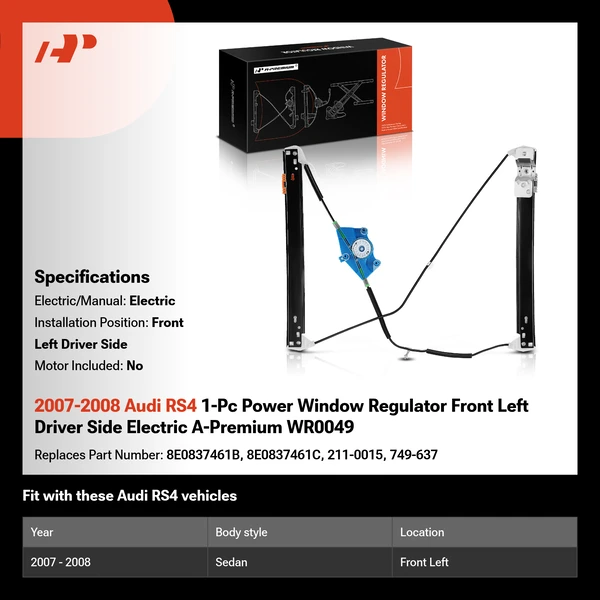 2007-2008 Audi RS4 1-Pc Power Window Regulator Front Left Driver Side Electric A-Premium WR0049