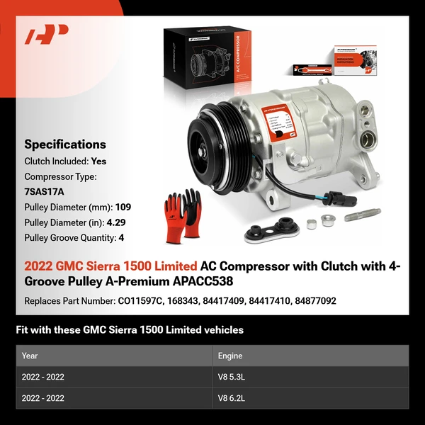 2022 GMC Sierra 1500 Limited AC Compressor with Clutch with 4-Groove Pulley A-Premium APACC538
