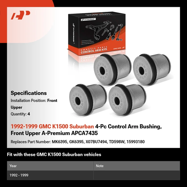 1992-1999 GMC K1500 Suburban 4-Pc Control Arm Bushing, Front Upper A-Premium APCA7435
