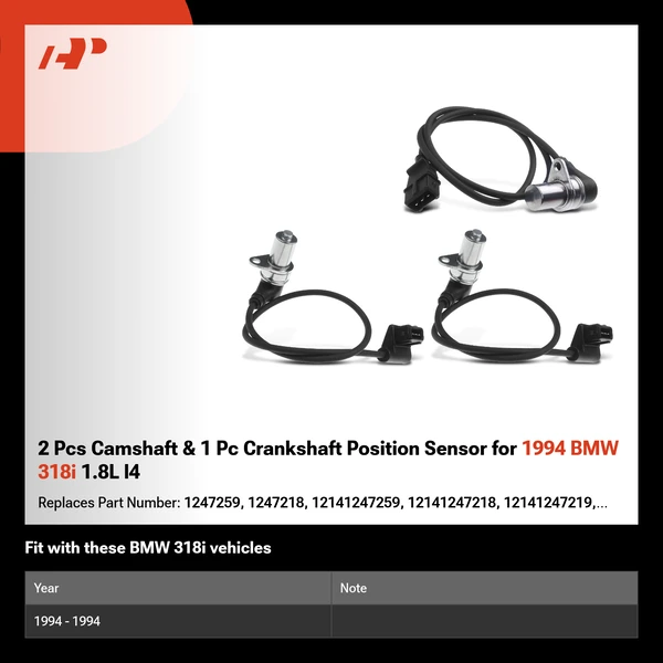 2 Pcs Camshaft & 1 Pc Crankshaft Position Sensor for 1994 BMW 318i 1.8L l4