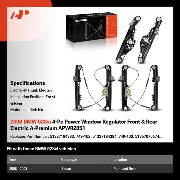 2008 BMW 528xi 4-Pc Power Window Regulator Front & Rear Electric A-Premium APWR2851