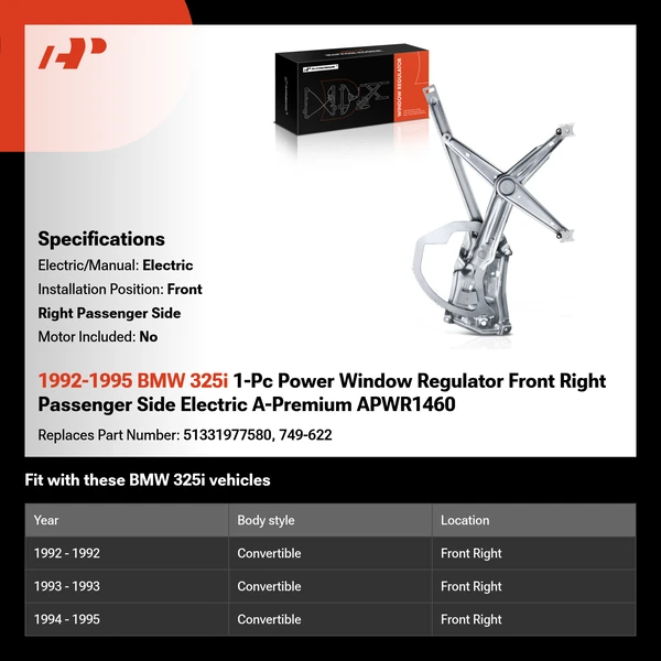1992-1995 BMW 325i 1-Pc Power Window Regulator Front Right Passenger Side Electric A-Premium APWR1460