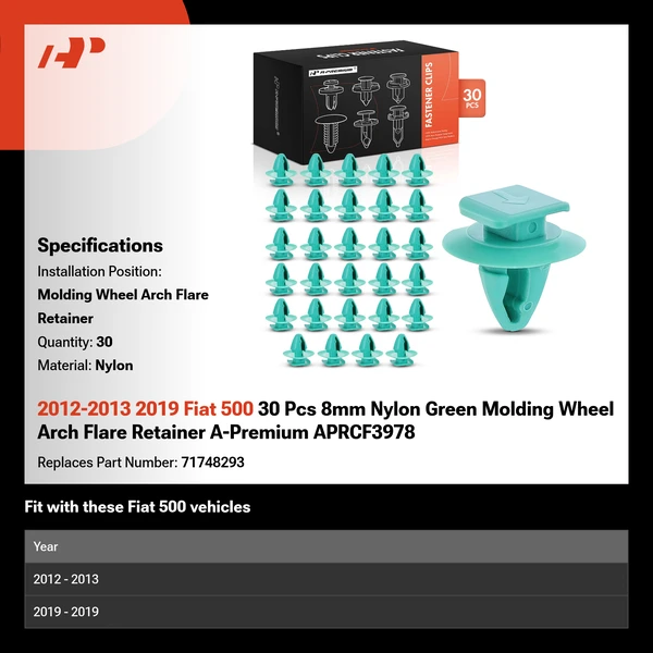 2012-2013 2019 Fiat 500 30 Pcs 8mm Nylon Green Molding Wheel Arch Flare Retainer A-Premium APRCF3978