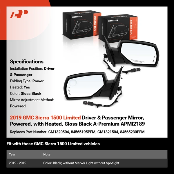 2019 GMC Sierra 1500 Limited Driver & Passenger Mirror, Powered, with Heated, Gloss Black A-Premium APMI2189