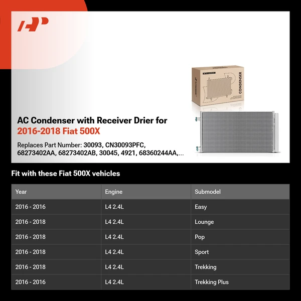 AC Condenser with Receiver Drier for 2016-2018 Fiat 500X
