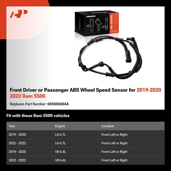 Front Driver or Passenger ABS Wheel Speed Sensor for 2019-2020 2022 Ram 5500