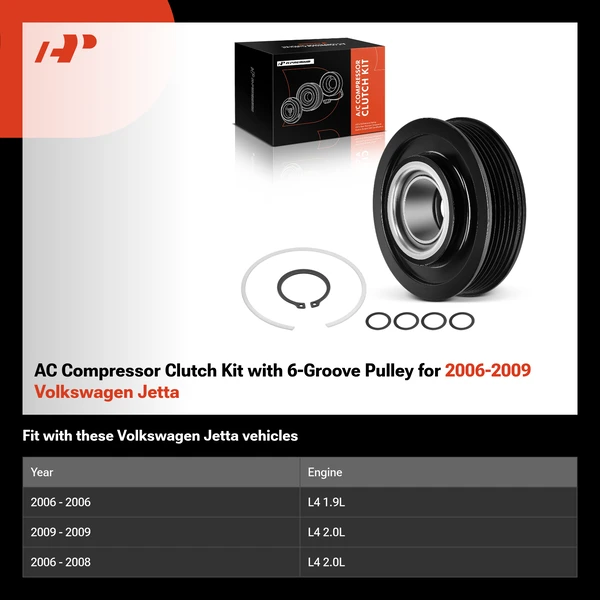 AC Compressor Clutch Kit with 6-Groove Pulley for 2006-2009 Volkswagen Jetta