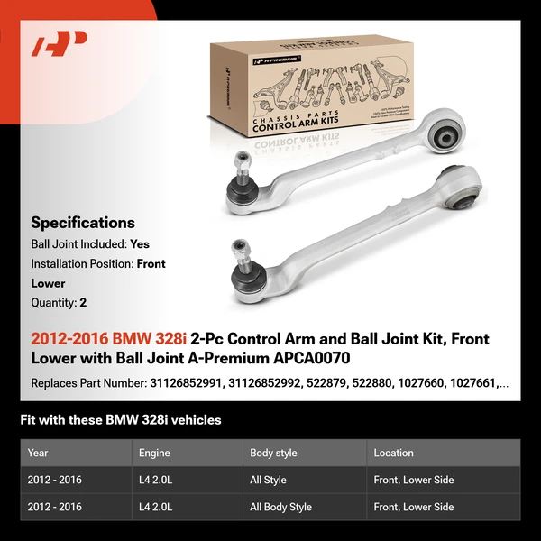 2012-2016 BMW 328i 2-Pc Control Arm and Ball Joint Kit, Front Lower with Ball Joint A-Premium APCA0070