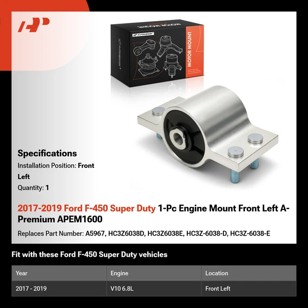2017-2019 Ford F-450 Super Duty 1-Pc Engine Mount Front Left A-Premium APEM1600