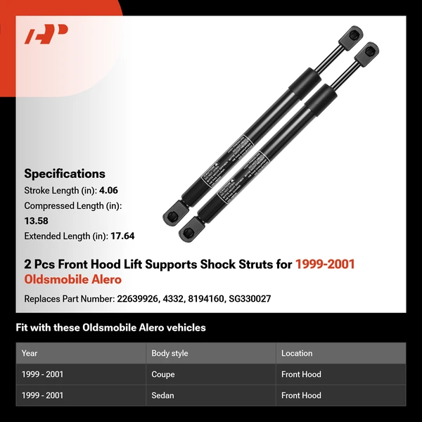 2 Pcs Front Hood Lift Supports Shock Struts for 1999-2001 Oldsmobile Alero