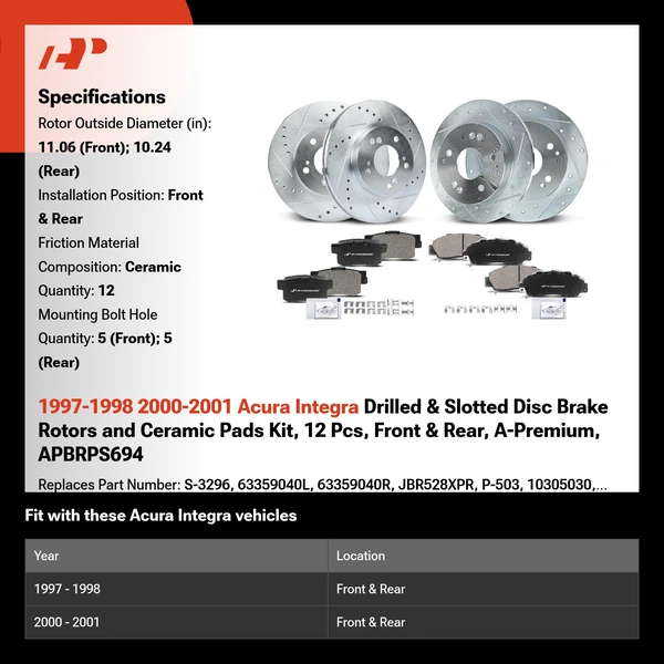 1997-1998 2000-2001 Acura Integra Drilled & Slotted Disc Brake Rotors and Ceramic Pads Kit, 12 Pcs, Front & Rear, A-Premium, APBRPS694