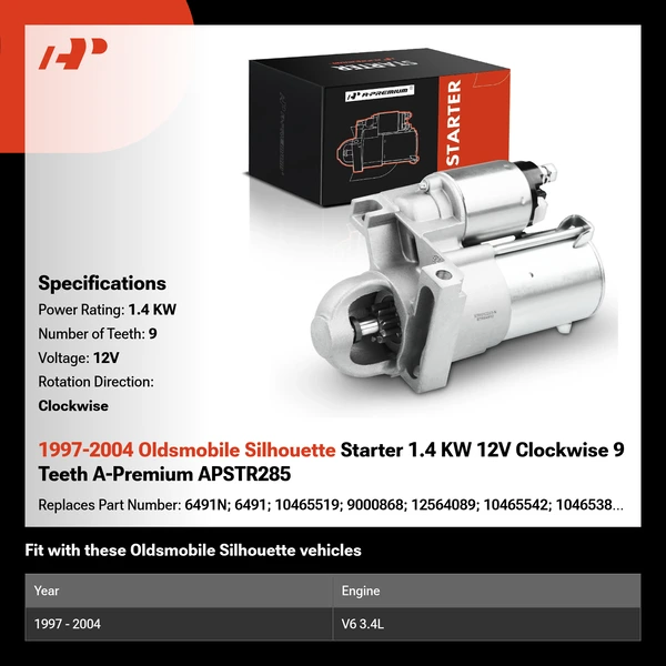 1997-2004 Oldsmobile Silhouette Starter 1.4 KW 12V Clockwise 9 Teeth A-Premium APSTR285