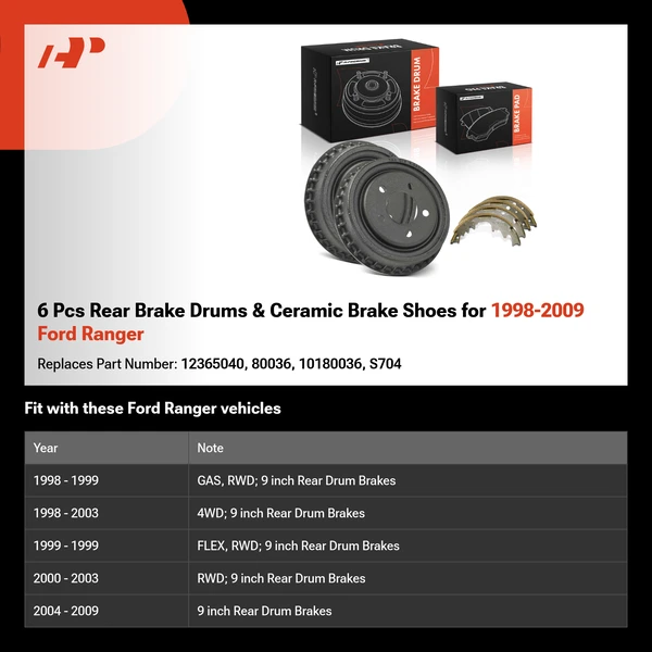 6 Pcs Rear Brake Drums & Ceramic Brake Shoes for 1998-2009 Ford Ranger