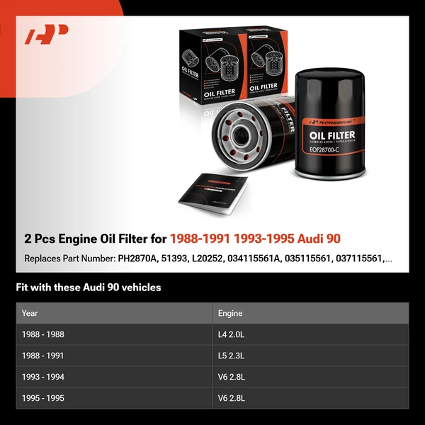 2 Pcs Engine Oil Filter for 1988-1991 1993-1995 Audi 90