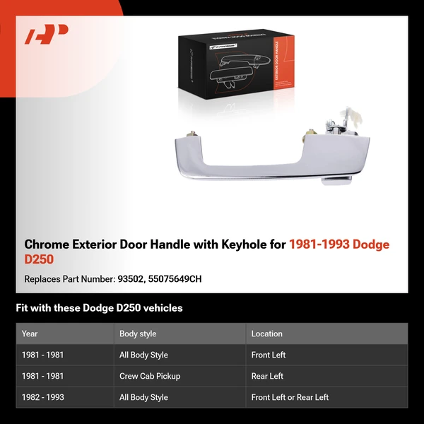 Chrome Exterior Door Handle with Keyhole for 1981-1993 Dodge D250