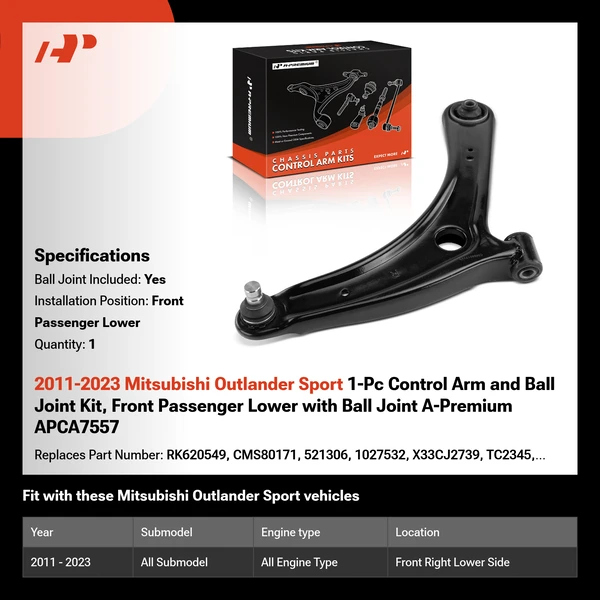 2011-2023 Mitsubishi Outlander Sport 1-Pc Control Arm and Ball Joint Kit, Front Passenger Lower with Ball Joint A-Premium APCA7557