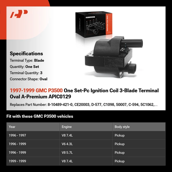 1997-1999 GMC P3500 One Set-Pc Ignition Coil 3-Blade Terminal Oval A-Premium APIC0129