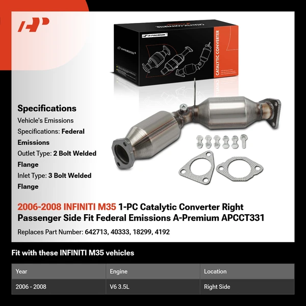 2006-2008 INFINITI M35 1-PC Catalytic Converter Right Passenger Side Fit Federal Emissions A-Premium APCCT331