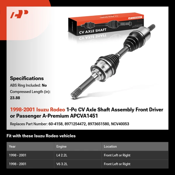 1998-2001 Isuzu Rodeo 1-Pc CV Axle Shaft Assembly Front Driver or Passenger A-Premium APCVA1451