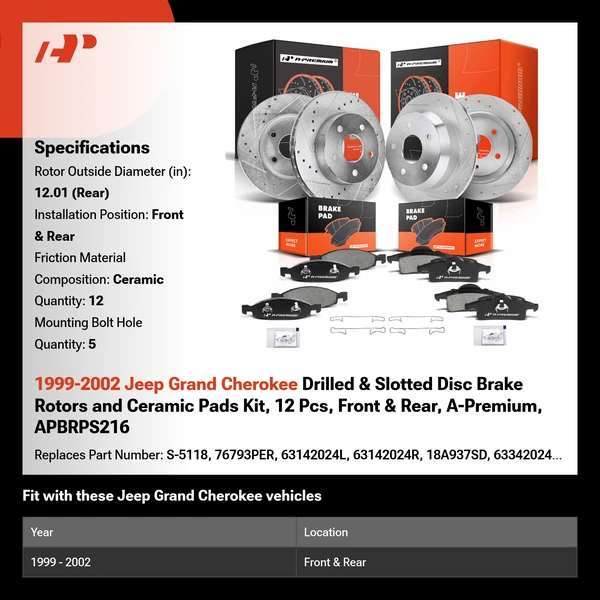 1999-2002 Jeep Grand Cherokee Drilled & Slotted Disc Brake Rotors and Ceramic Pads Kit, 12 Pcs, Front & Rear, A-Premium, APBRPS216