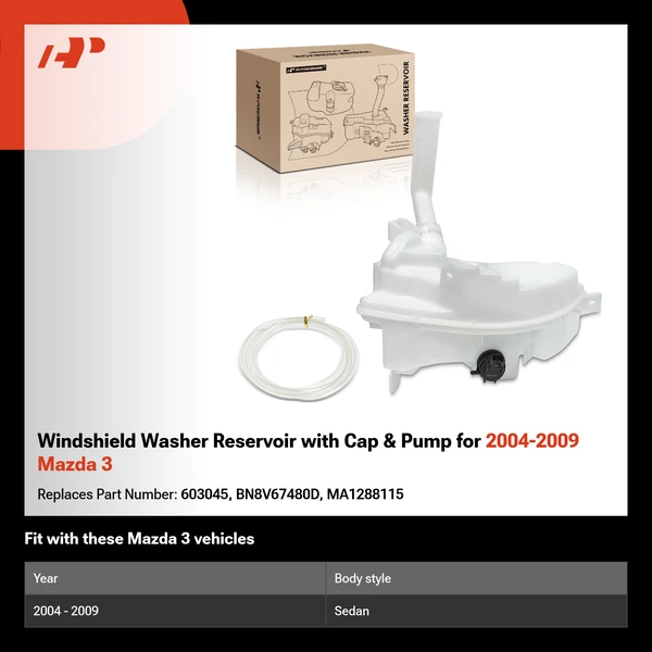 Windshield Washer Reservoir with Cap & Pump for 2004-2009 Mazda 3