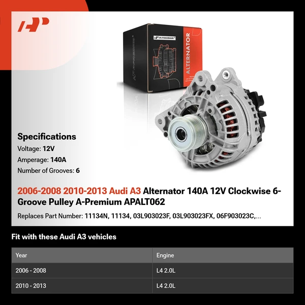 2006-2008 2010-2013 Audi A3 Alternator 140A 12V Clockwise 6-Groove Pulley A-Premium APALT062