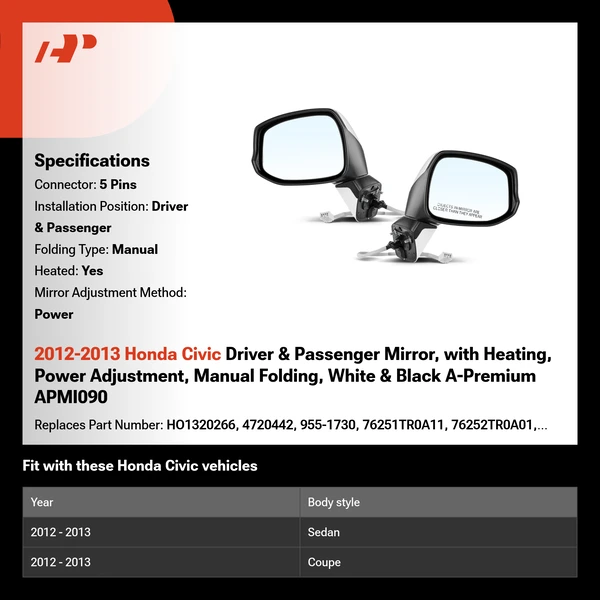 2012-2013 Honda Civic Driver & Passenger Mirror, with Heating, Power Adjustment, Manual Folding, White & Black A-Premium APMI090