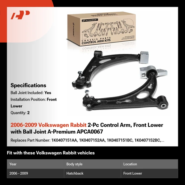 2006-2009 Volkswagen Rabbit 2-Pc Control Arm, Front Lower with Ball Joint A-Premium APCA0067