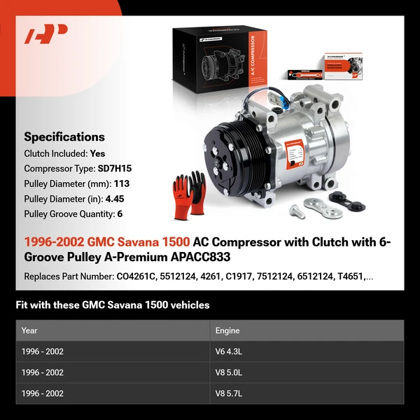 1996-2002 GMC Savana 1500 AC Compressor with Clutch with 6-Groove Pulley A-Premium APACC833