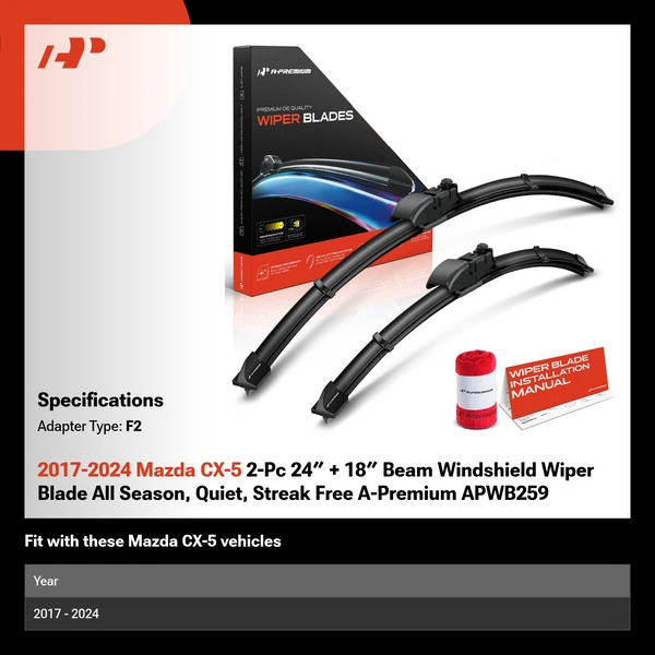 2017-2024 Mazda CX-5 2-Pc 24″ + 18″ Beam Windshield Wiper Blade All Season, Quiet, Streak Free A-Premium APWB259