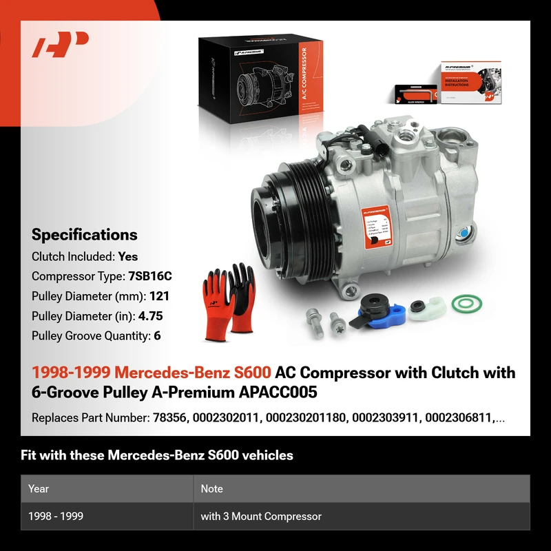 1998-1999 Mercedes-Benz S600 AC Compressor with Clutch with 6-Groove Pulley A-Premium APACC005