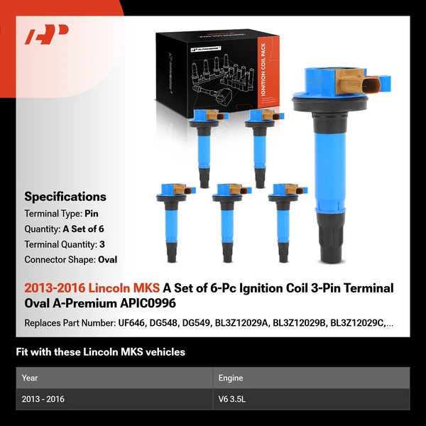 2013-2016 Lincoln MKS A Set of 6-Pc Ignition Coil 3-Pin Terminal Oval A-Premium APIC0996