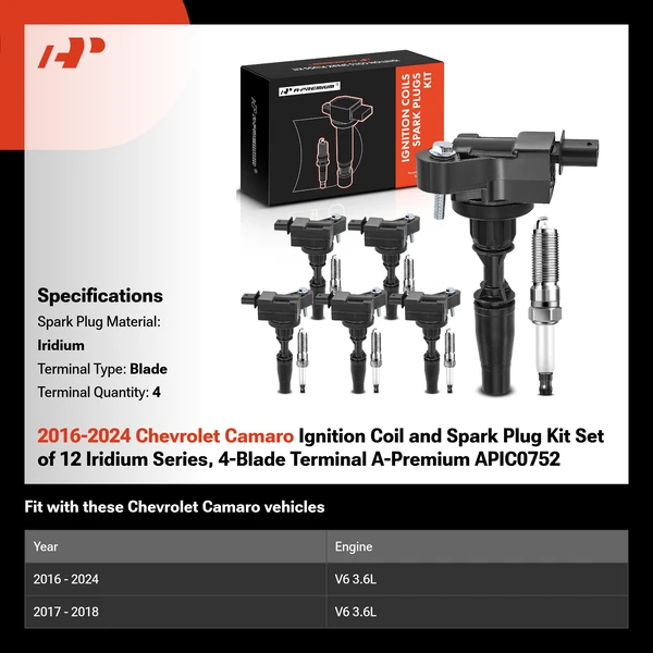 2016-2024 Chevrolet Camaro Ignition Coil and Spark Plug Kit Set of 12 Iridium Series, 4-Blade Terminal A-Premium APIC0752