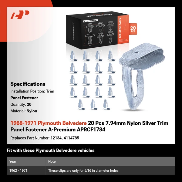 1968-1971 Plymouth Belvedere 20 Pcs 7.94mm Nylon Silver Trim Panel Fastener A-Premium APRCF1784