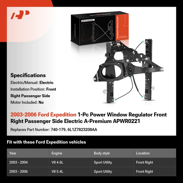 2003-2006 Ford Expedition 1-Pc Power Window Regulator Front Right Passenger Side Electric A-Premium APWR0221