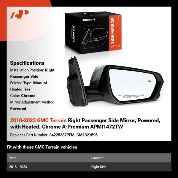 2018-2023 GMC Terrain Right Passenger Side Mirror, Powered, with Heated, Chrome A-Premium APMI1472TW