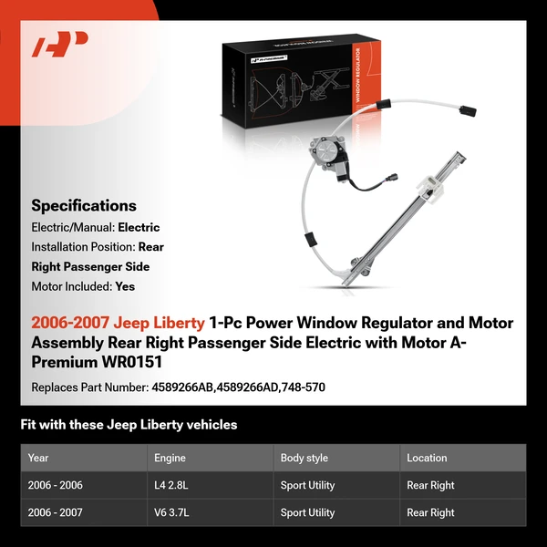 2006-2007 Jeep Liberty 1-Pc Power Window Regulator and Motor Assembly Rear Right Passenger Side Electric with Motor A-Premium WR0151