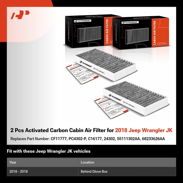 2 Pcs Activated Carbon Cabin Air Filter for 2018 Jeep Wrangler JK
