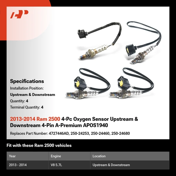 2013-2014 Ram 2500 4-Pc Oxygen Sensor Upstream & Downstream 4-Pin A-Premium APOS1940