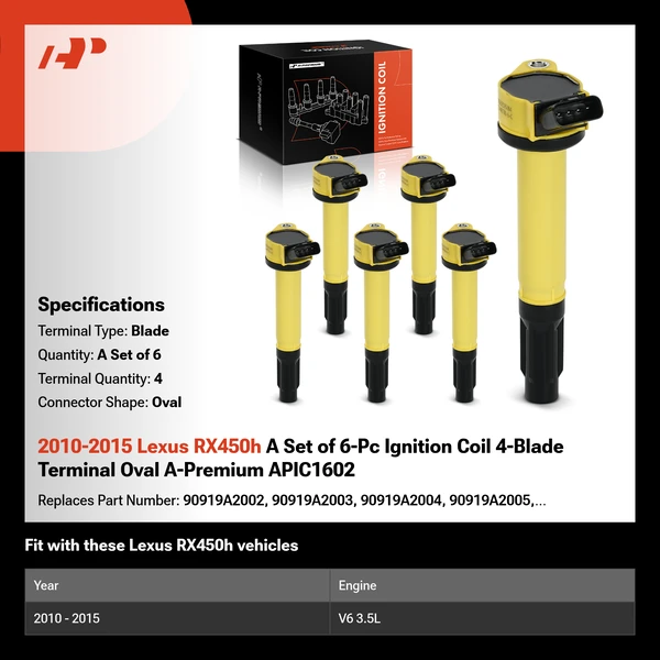 2010-2015 Lexus RX450h A Set of 6-Pc Ignition Coil 4-Blade Terminal Oval A-Premium APIC1602