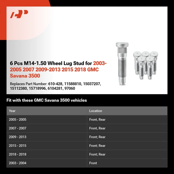 6 Pcs M14-1.50 Wheel Lug Stud for 2003-2005 2007 2009-2013 2015 2018 GMC Savana 3500