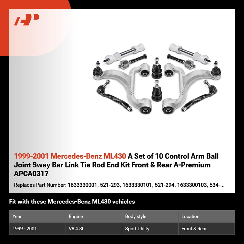 1999-2001 Mercedes-Benz ML430 A Set of 10 Control Arm Ball Joint Sway Bar Link Tie Rod End Kit Front & Rear A-Premium APCA0317