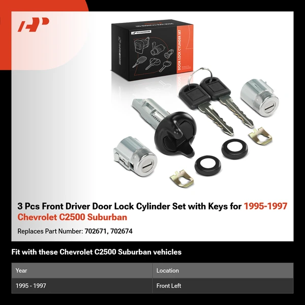 3 Pcs Front Driver Door Lock Cylinder Set with Keys for 1995-1997 Chevrolet C2500 Suburban