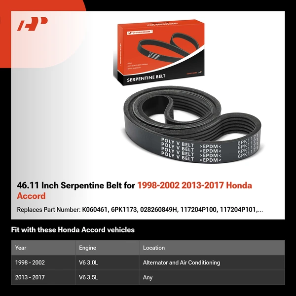 46.11 Inch Serpentine Belt for 1998-2002 2013-2017 Honda Accord